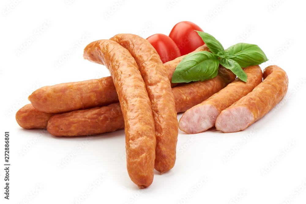 Smoked pork sausages, close-up, isolated on white background Smoked pork sausages, close-up, isolated on white background