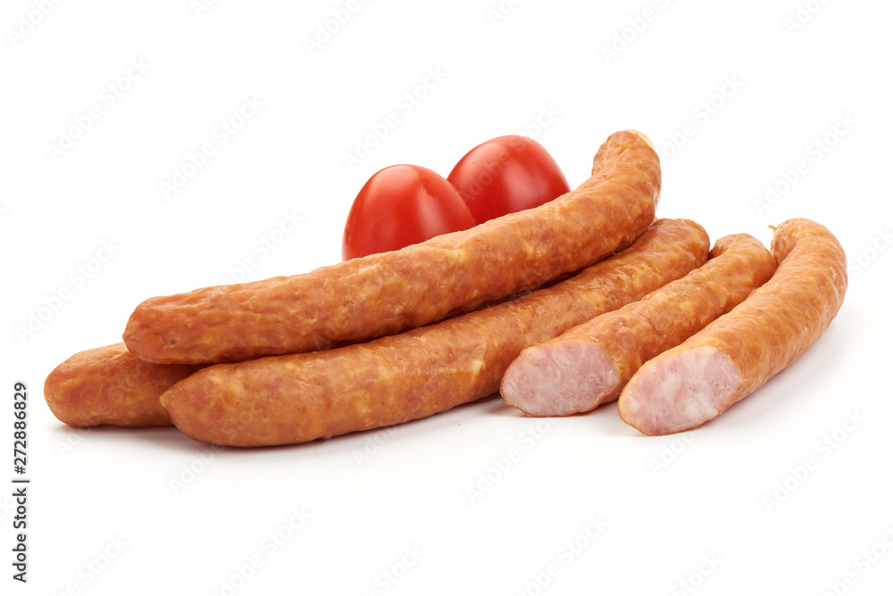 Smoked Hunting Sausages, dry meat, close-up, isolated on white background Smoked Hunting Sausages, dry meat, close-up, isolated on white background