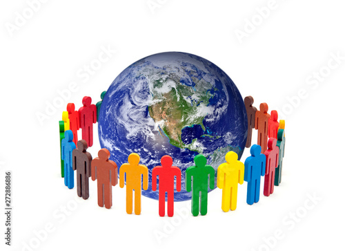 Foto Circle of colourful people around the globe on white background