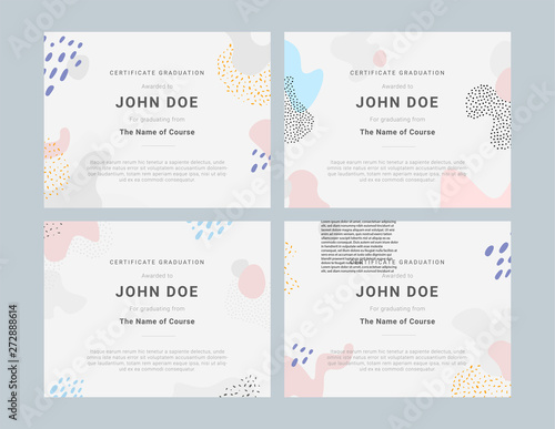 Certificate set template with hand drawn textures, memphis style. Universal cards, pastel colors. Retro design, fashion art