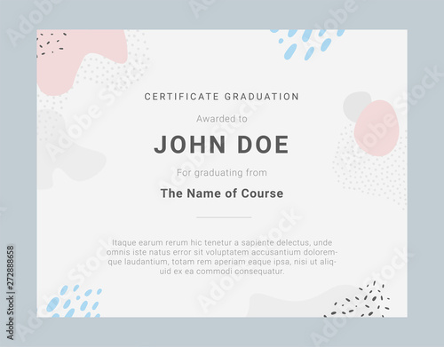 Certificate template with hand drawn textures, memphis style. Universal cards, pastel colors. Retro design, fashion art