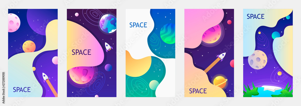 Cartoon space. Set of vertical templates for flyers, banners, booklets, frames, brochures, posters, cards. Vector EPS 10. Cosmos.  Children's illustration. Planets in space.