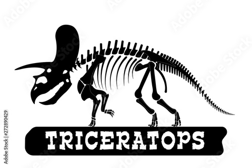 Dinosaur skeleton. Triceratops. Silhouette on isolated background. Sticker  magnet. Vector