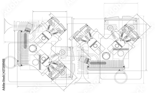 Vector background of the car engine and its components can be used as a technical background for illustration.