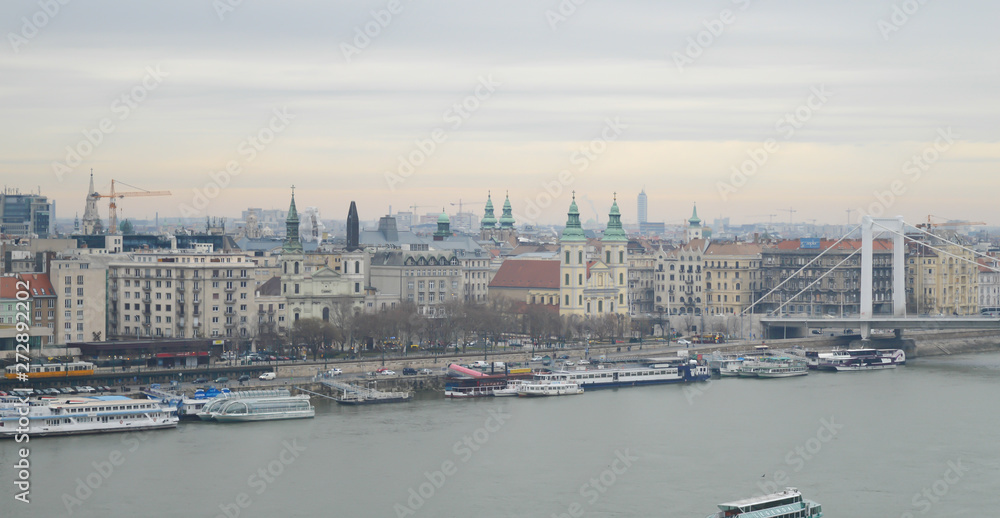 BUDAPEST, HUNGARY - DECEMBER 29, 2017: Danube River embankment from Buda castle in Budapest on December 29, 2017.