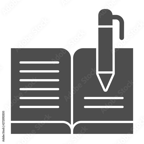 Guest book with pen solid icon. Registry book vector illustration isolated on white. Writing glyph style design, designed for web and app. Eps 10.