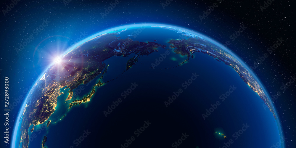 Earth at night and the light of cities. Pacific Ocean.