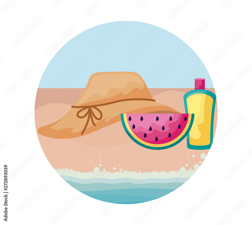 Fototapeta premium hat female with watermelon and bottle of blocker in beach