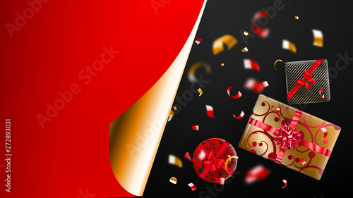 Black Friday sale banner. Golden curled paper corner and place for inscription. Gift box, blurry red and yellow pieces of serpentine on dark background. Vector illustration for posters, flyers, cards