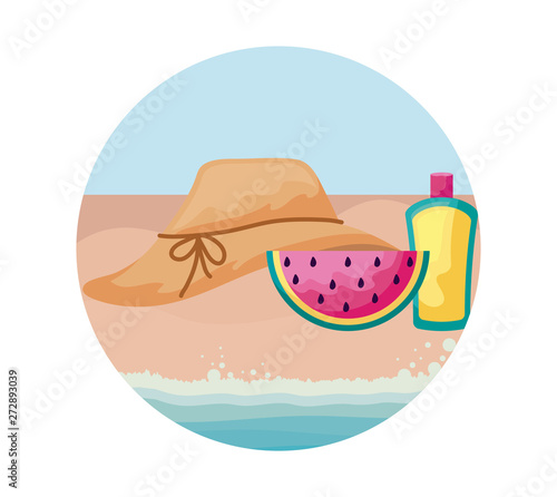 hat female with watermelon and bottle of blocker in beach