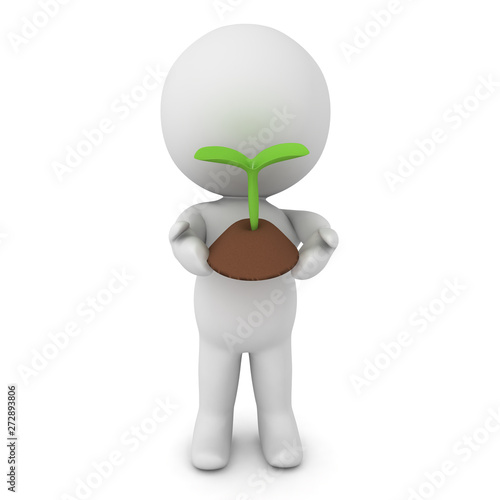 3D Character holding in his hands soil with plant seedling
