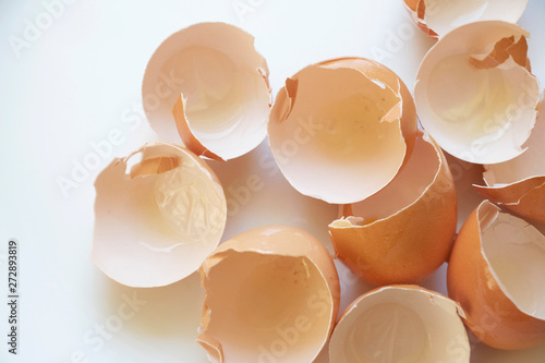 Delicate Egg Shells on a White and Airy Background. Baking or cooking background. Walking on eggshells background. Broken and shattered background. photo