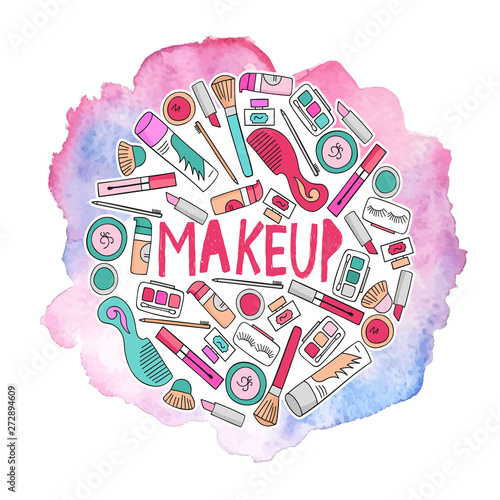 vector illustration set of cosmetics on a watercolor background.  A set of cosmetics - lipstick, mascara, comb, shadows, a brush, a hairspray, a lipgloss