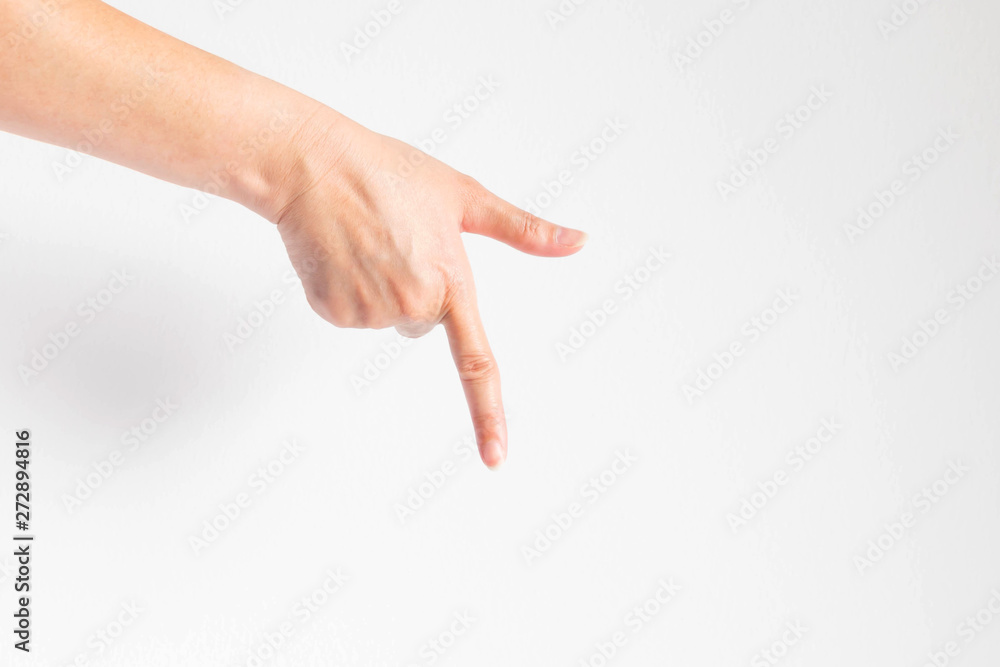 Hand pointing down at bottom direction on white background. Hand pointing down at bottom direction on white background.