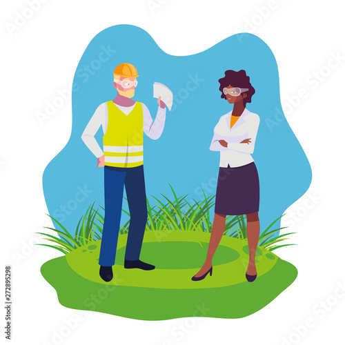 interracial couple builders workers on the lawn