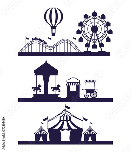 Circus festival fair set scenarios of blue and white colors