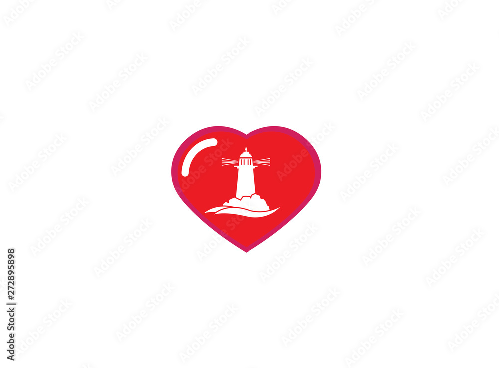 Lighthouse on the island of the middle of the sea for logo design illustration, beacon in a heart shape love icon Lighthouse on the island of the middle of the sea for logo design illustration, beacon in a heart shape love icon