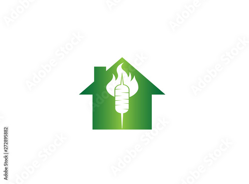 Doner kebab, Turkish meat food, barbecue in fire Grill for logo design illustration, bbq in a home shape house icon