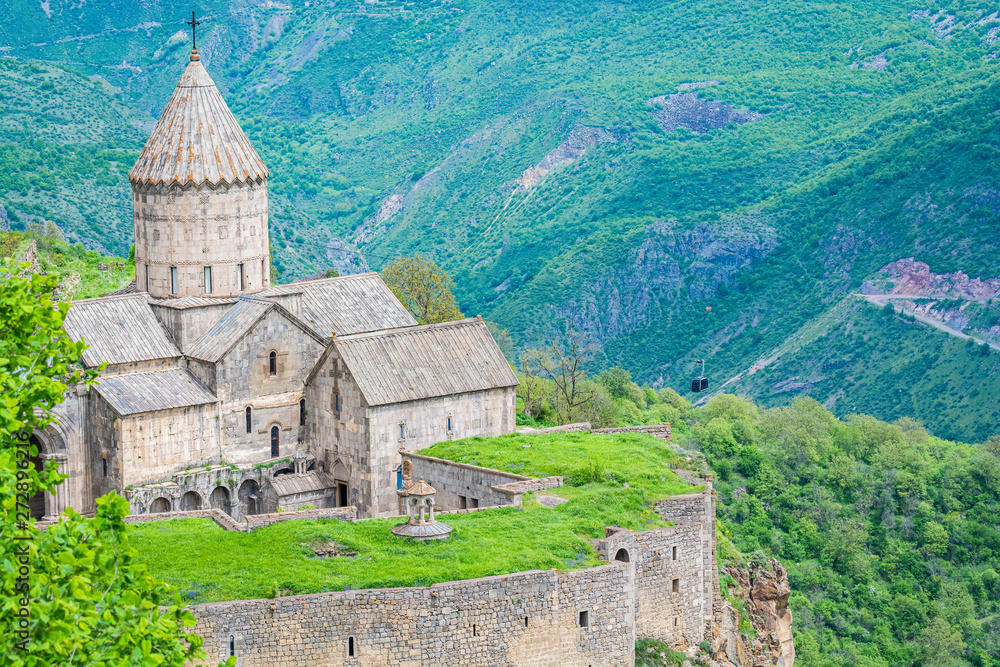 Tatev, Armenia - May 11, 2017. Famous Tatev Monastery in mountains with funicular
