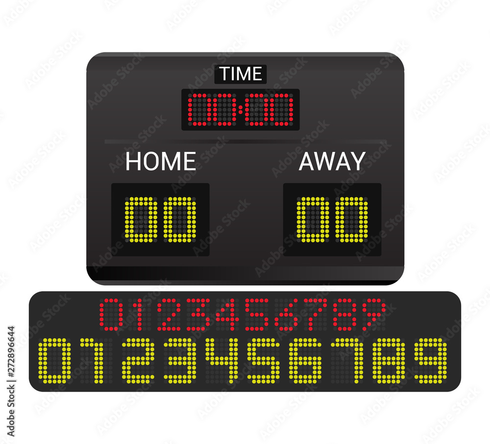 Scoreboard vector score board digital display football soccer sport team match competition on stadium illustration set of score-board championship information isolated on white background Scoreboard vector score board digital display football soccer sport team match competition on stadium illustration set of score-board championship information isolated on white background