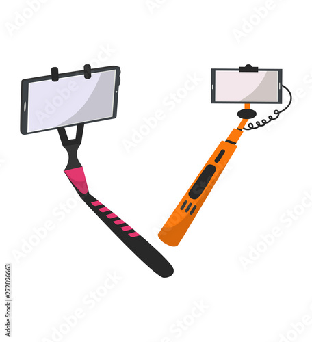 Selfie stick vector monopod with smartphone making photography self-portrait illustration set of modern phone-stick and selfie-monopod design isolated on white background