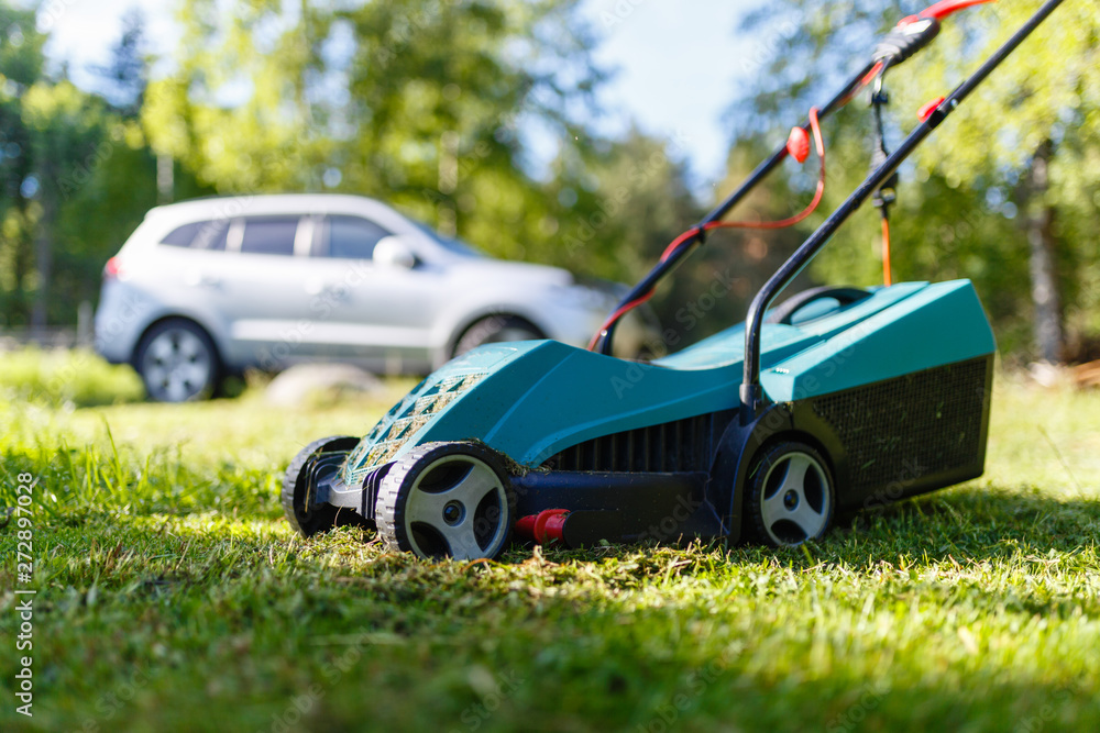 Electric lawn mower cuts moss and green grass. The alignment of the