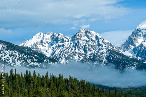 Snow-covered mountain peaks with rolling line of evergreens and mist in foreground 