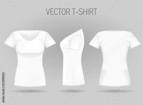 Blank women's white t-shirt in front, back and side views. Vector illustration. Isolated on white background. Realistic female sport shirts