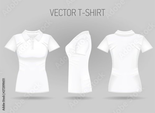 Blank women's white short sleeve polo shirt in front, back and side views. Vector illustration. Isolated on white background. Realistic female t-shirts