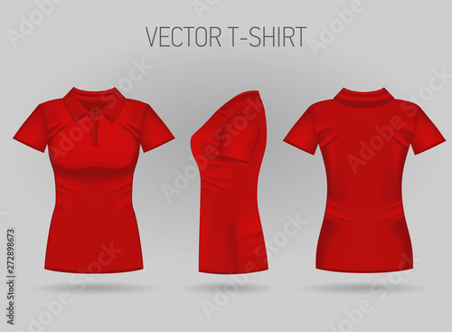 Blank women's red short sleeve polo shirt in front, back and side views. Vector illustration. Isolated on white background. Realistic female t-shirts