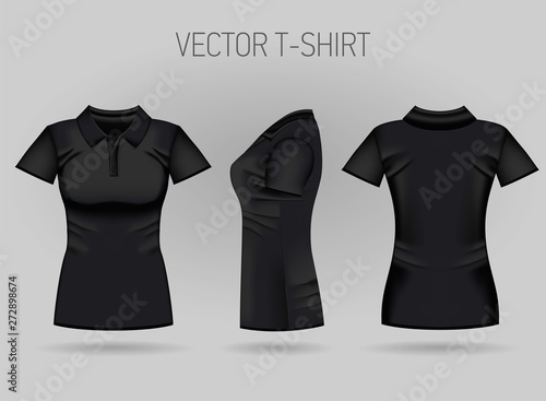 Blank women's black short sleeve polo shirt in front, back and side views. Vector illustration. Isolated on white background. Realistic female t-shirts