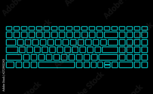 Computer keyboard with neon backlight on black background. Modern fluorescent design for banner. Vector luminescent illumination art illustration. Light glowing silhouette pattern, template top View