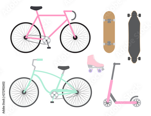 Vector flat cartoon set collection of bicycle skateboard scooter and roller isolated on white background 