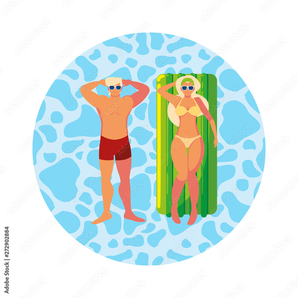 young couple with float mattress in water