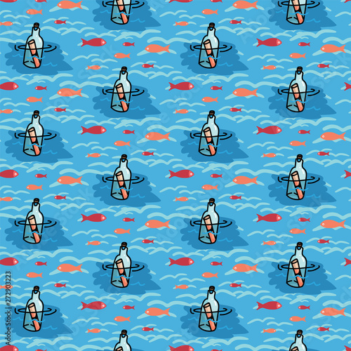 Cute floating message in a bottle with fish cartoon seamless vector pattern. Hand drawn  castaway note tile. All over print for nautical blog, parchment graphic, ocean home decor.