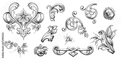 Vintage Baroque Victorian frame border flower pattern vector floral engraved scroll ornament leaf retro decorative design tattoo black and white filigree calligraphic heraldic shield swirl photo