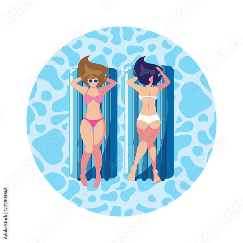 beautiful girls with float mattress floating in water