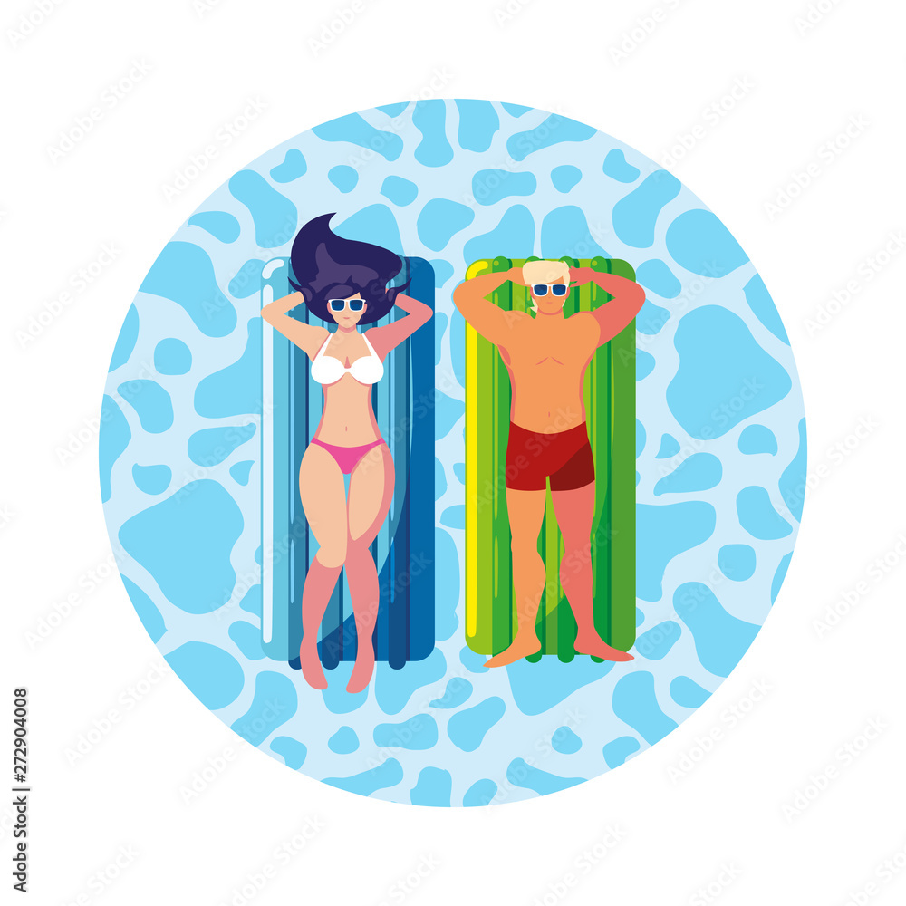 young couple with float mattress in water young couple with float mattress in water