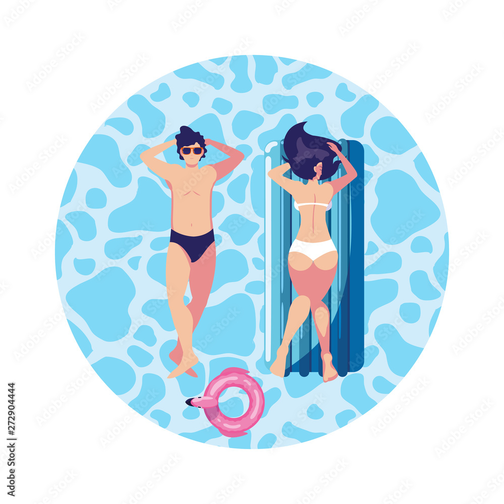 young couple with float mattress in water young couple with float mattress in water