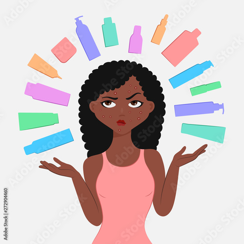 Upset girl and cosmetics for problem skin
