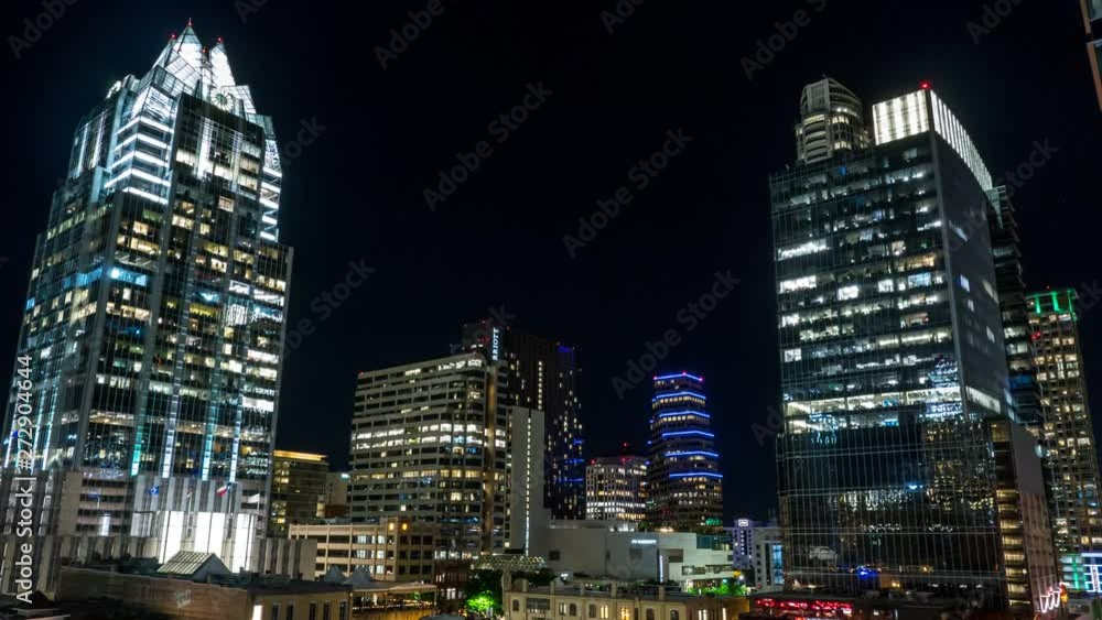 Hyperlapse of buildings and the Frost Bank tower in Austin, Texas at night Hyperlapse of buildings and the Frost Bank tower in Austin, Texas at night