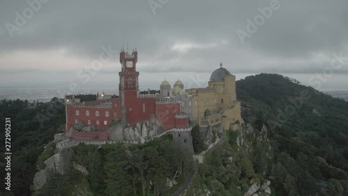 Sintra Pena and National palace in Portugal, 4k aerial drone sunset ungraded