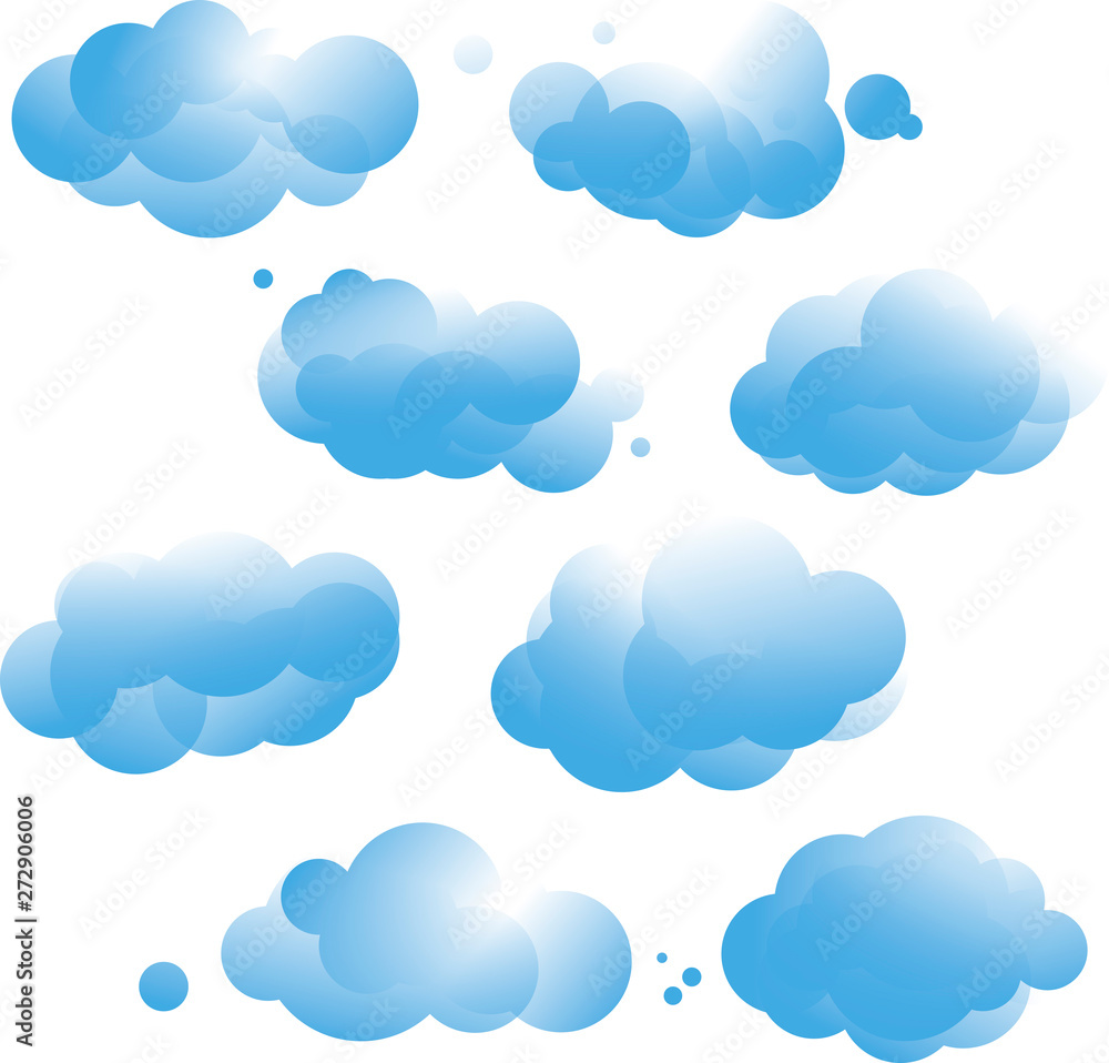 several options of blue curly clouds on a blue background, gradient