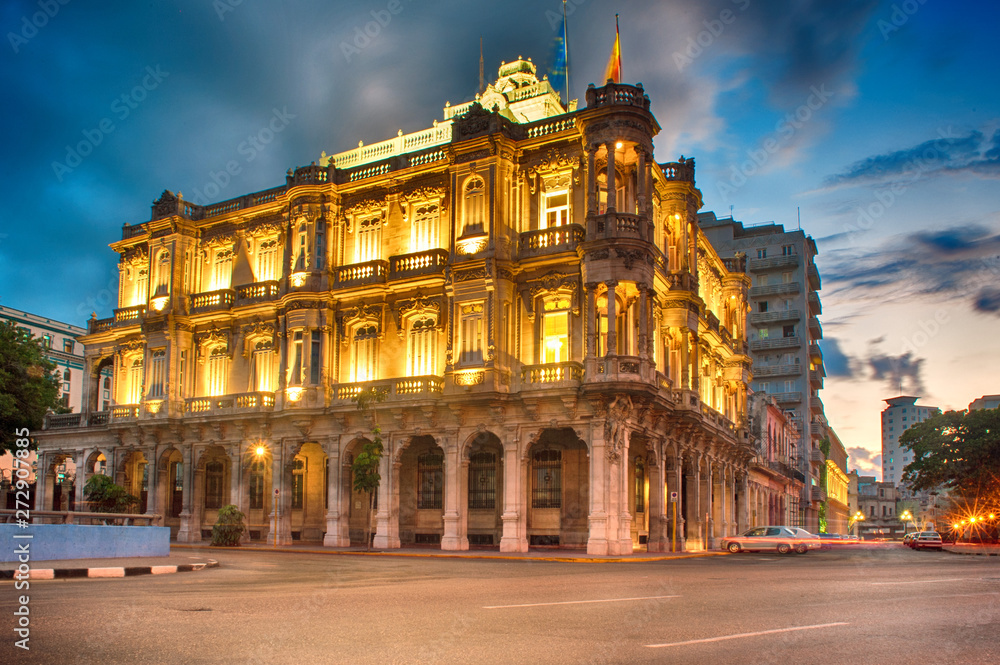 view of the spanish embassy in havana, cuba at dusk