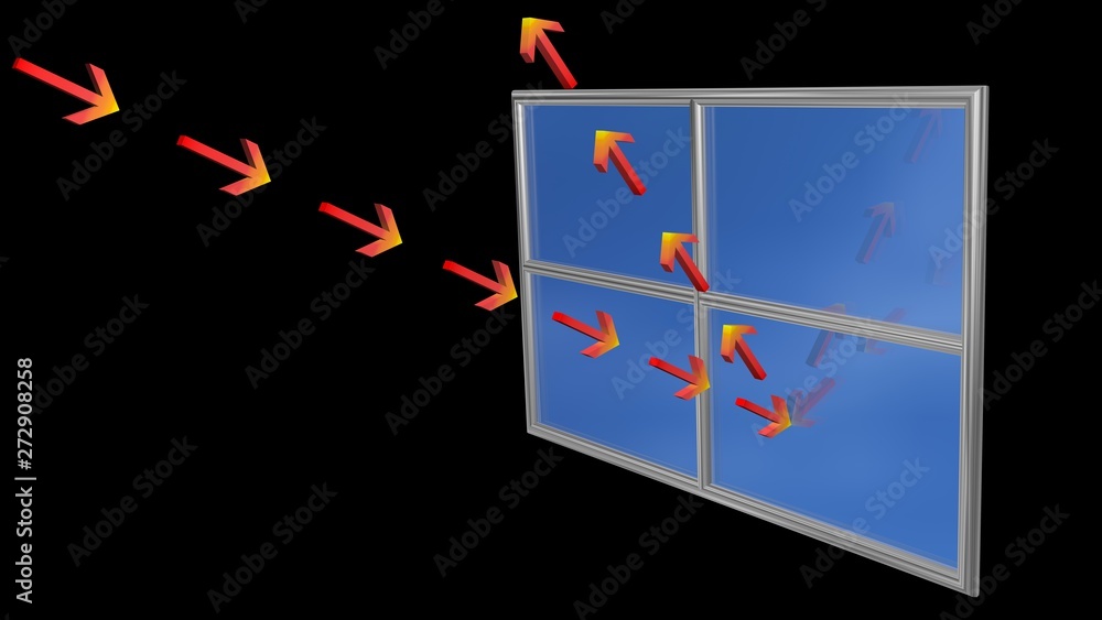 Ultraviolet light rays reflected off window. Arrows bounce off glass