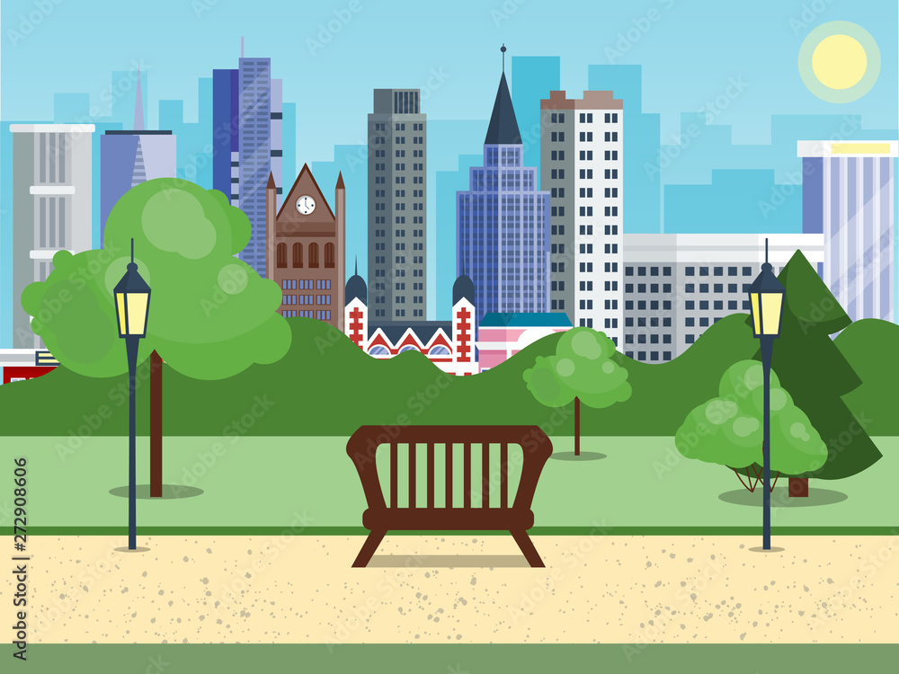 Public city park with bench main street city with sky and city background. Beautiful nature scene with town and forest. Clean spring scenery vector illustration. Skyscraper concept.