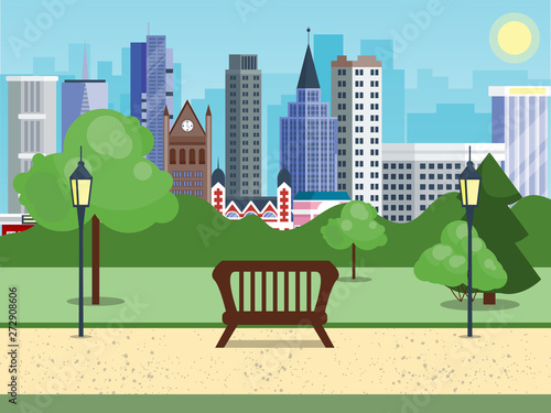 Public city park with bench main street city with sky and city background. Beautiful nature scene with town and forest. Clean spring scenery vector illustration. Skyscraper concept.
