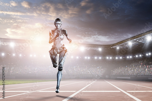 Cyborg silver running woman. Mixed media