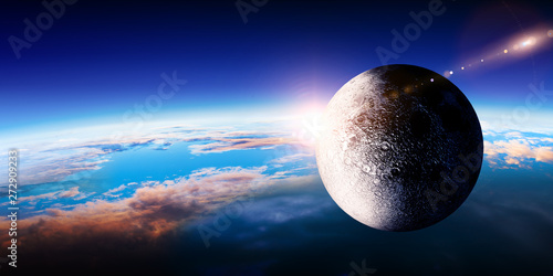Fototapeta Naklejka Na Ścianę i Meble -  Moon and Earth, view from planet orbit, space beauty