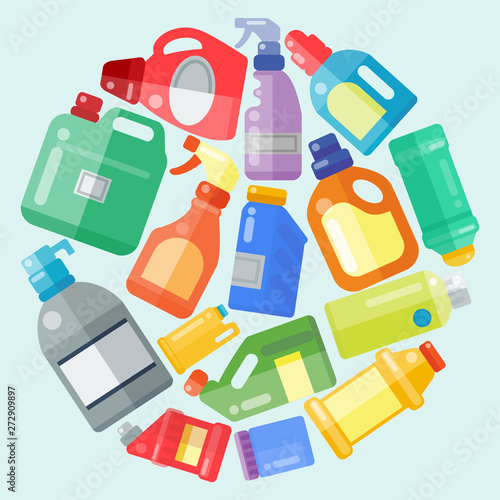 Cleaning products household bottle plastic liquid detergent product vector illustration. Housework supplies. Cleaner disinfect equipment packaging. Cleanup care housekeeping fluid container